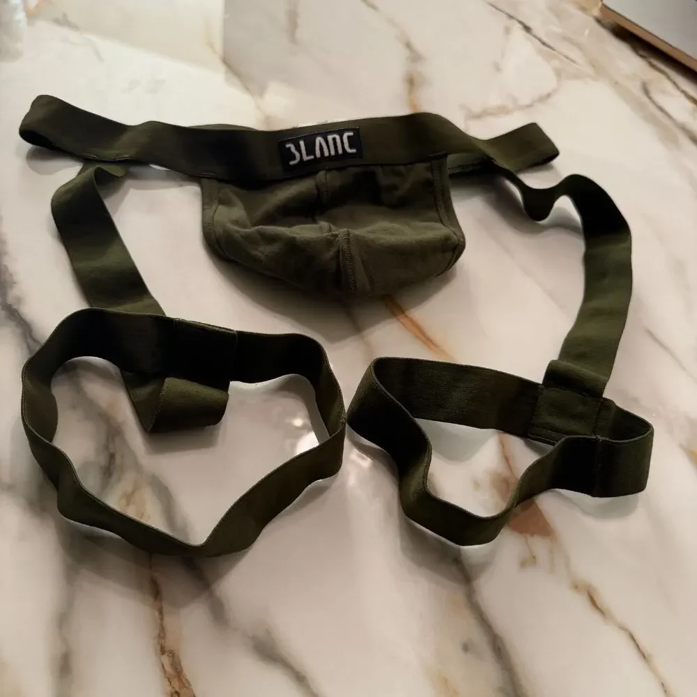 NEW Blanc Menswear Cotton BL094 Lyon Garter Thong Color Khaki Green Size Medium